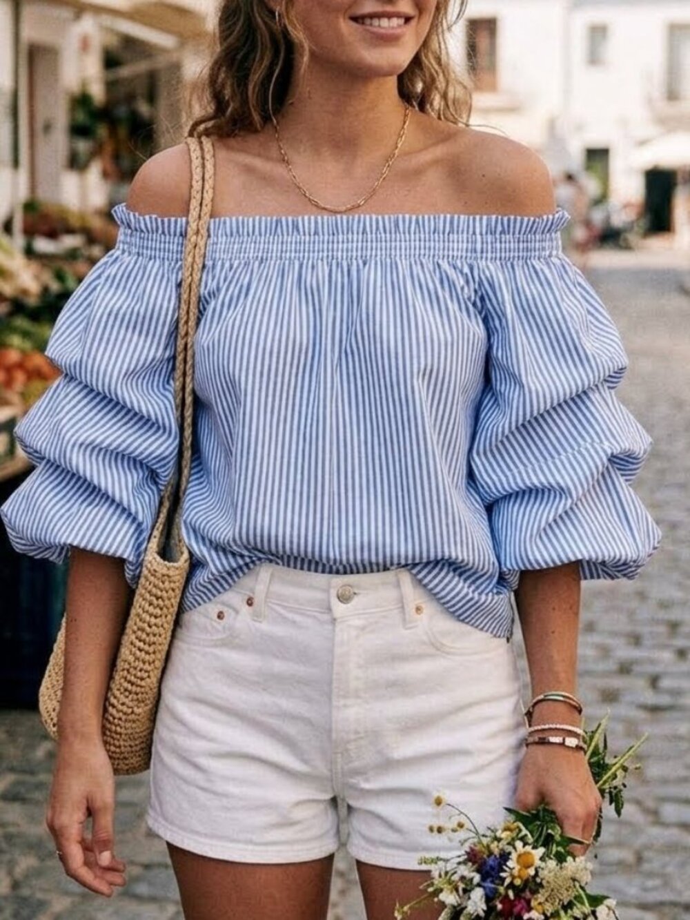 Revamped Women's Off The Shoulder Ruffled Balloon Sleeves Striped Blouse Size S